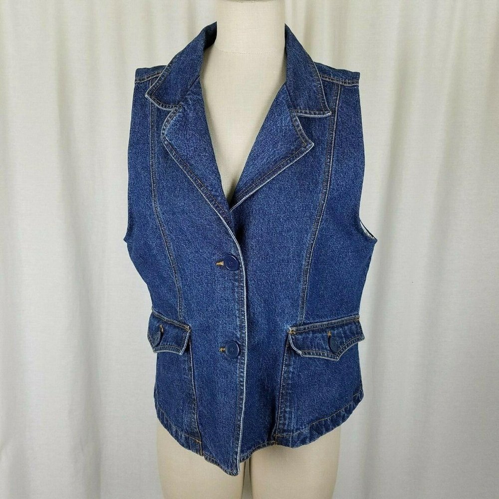 Bill Blass Denim Blue Jean Vest Sleeveless Blazer Jacket Womens L Vintage 80s BB